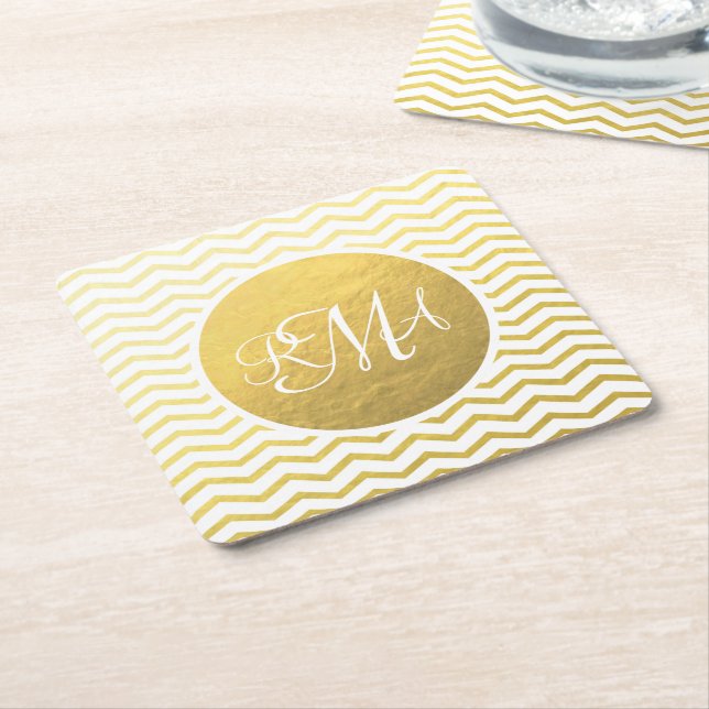 Gold and White Chevron Monogrammed Personalized Square Paper Coaster (Angled)
