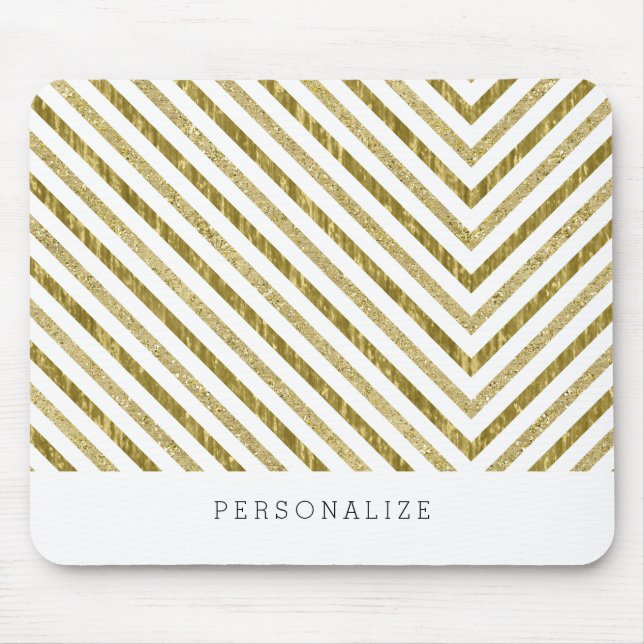 Gold and White Chic Chevron Personalized Mouse Pad (Front)