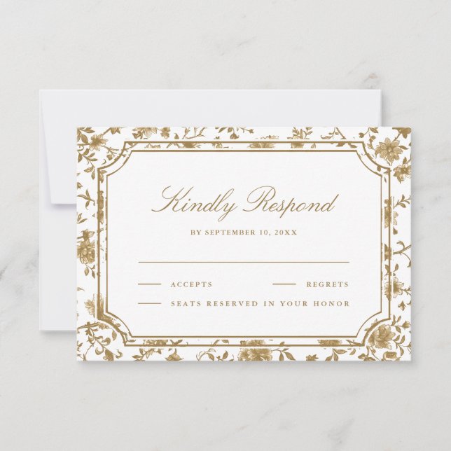 Gold and White Chinoiserie Wedding RSVP Card (Front)