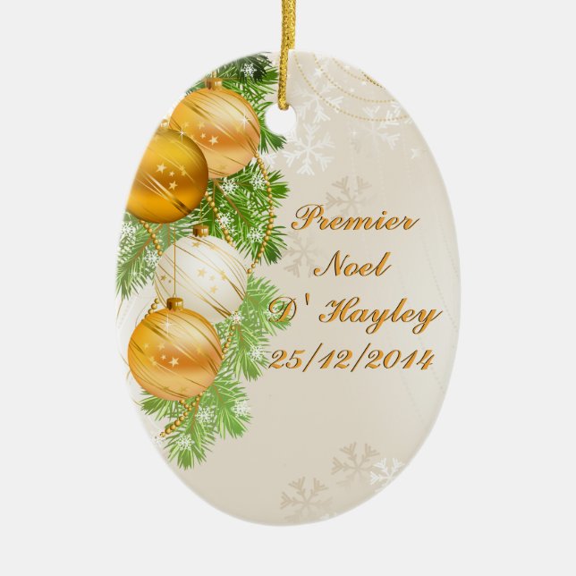 Gold and White Christmas Balls Ceramic Ornament (Front)
