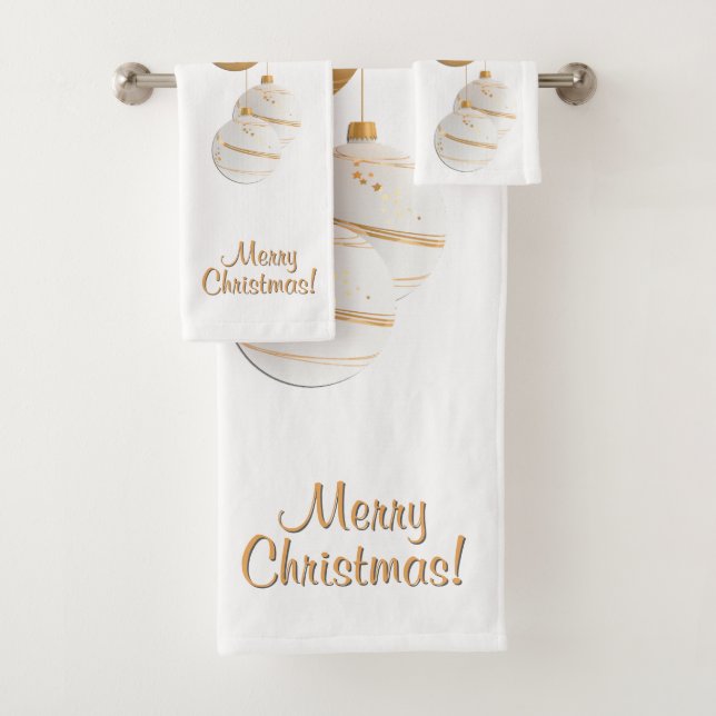 Gold and White Christmas Balls Custom Text Bath Towel Set (Insitu)
