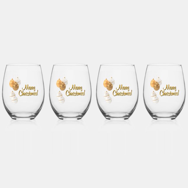 Gold and White Christmas Balls Custom Text Stemless Wine Glass (Front)