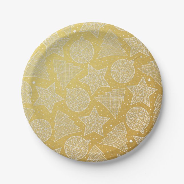 Gold and White Christmas Pattern Paper Plates (Front)