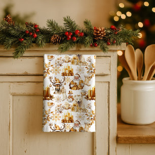 Gold and White Christmas Symbols Kitchen Towel