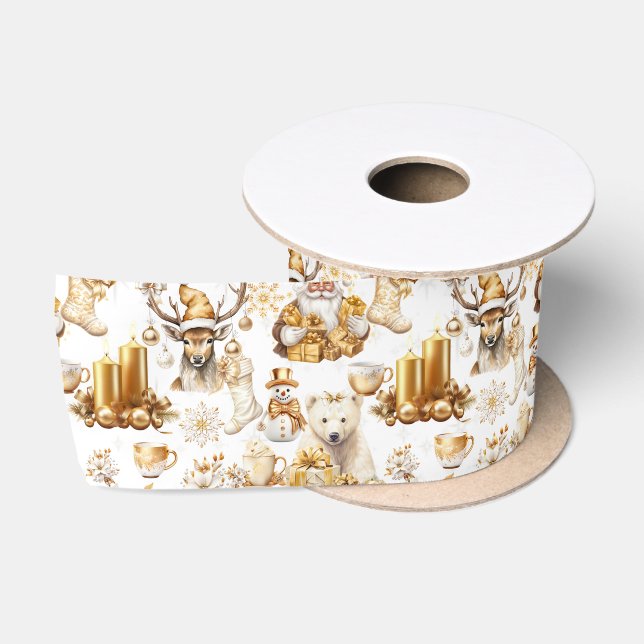 Gold and White Christmas Symbols Satin Ribbon (Spool)