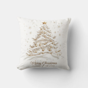 Gold and White Christmas Tree in Snow Throw Pillow