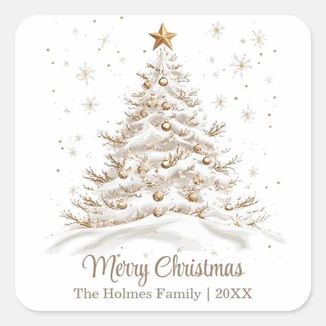 Gold and White Christmas Tree with Family Name Square Sticker (Front)