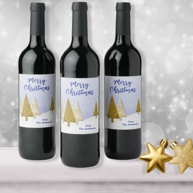 Gold and White Christmas Trees Wine Label (Creator Uploaded)