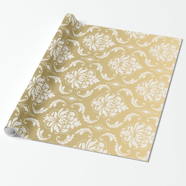 Gold and White Classic Damask Wrapping Paper (Unrolled)