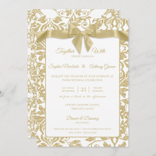 Gold and White Damask and Bow Wedding Invitation
