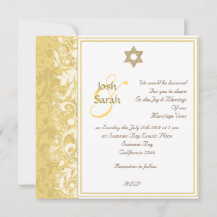 Gold and white damask brocade Jewish wedding Invitation