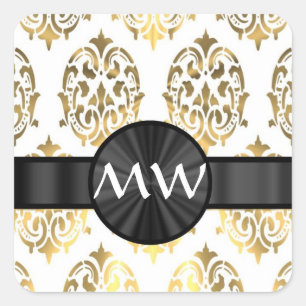 Gold and white damask pattern square sticker