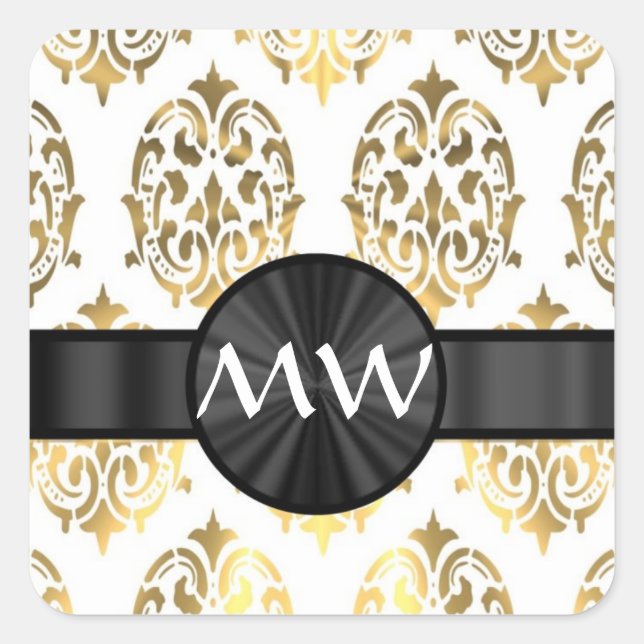 Gold and white damask pattern square sticker (Front)