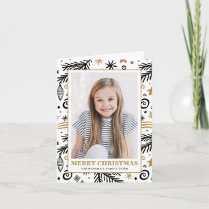 Gold and White doodle pine photo holidays Invitation