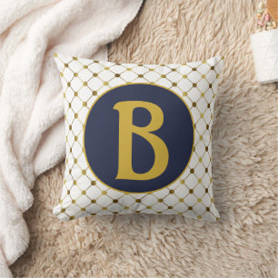 Gold and White Dot Grid Monogram Throw Pillow