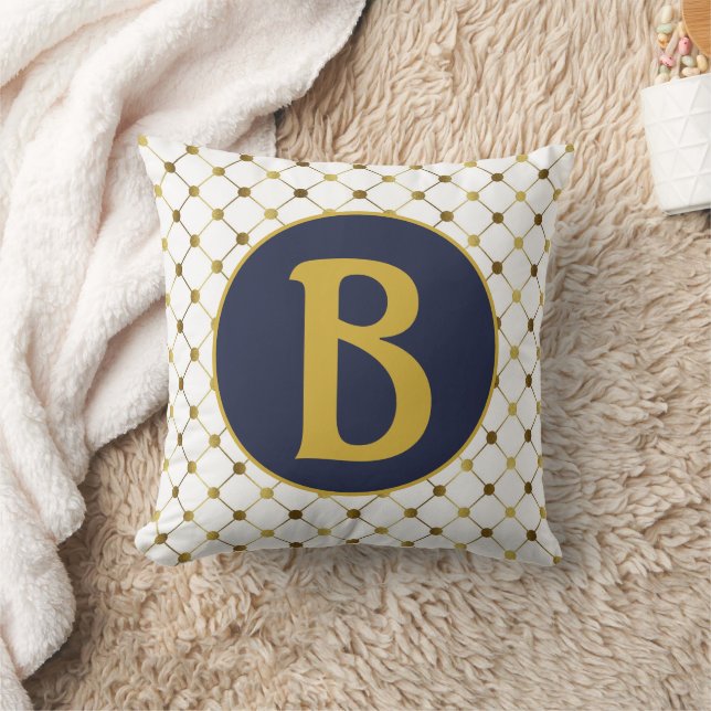 Gold and White Dot Grid Monogram Throw Pillow (Blanket)