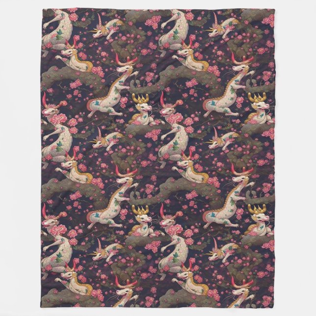 Gold and White Dragons with Cherry Blossoms Fleece Blanket (Front)