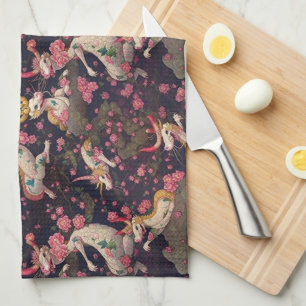 Gold and White Dragons with Cherry Blossoms Kitchen Towel