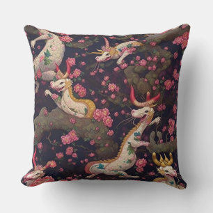 Gold and White Dragons with Cherry Blossoms Throw Pillow