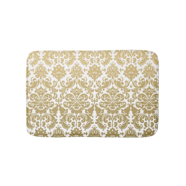 Gold and White Elegant Damask Pattern Bath Mat (Front)