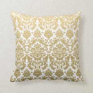 Gold and White Elegant Damask Pattern Throw Pillow