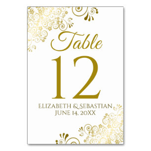 Gold and White Elegant Filigree Wedding Table Number