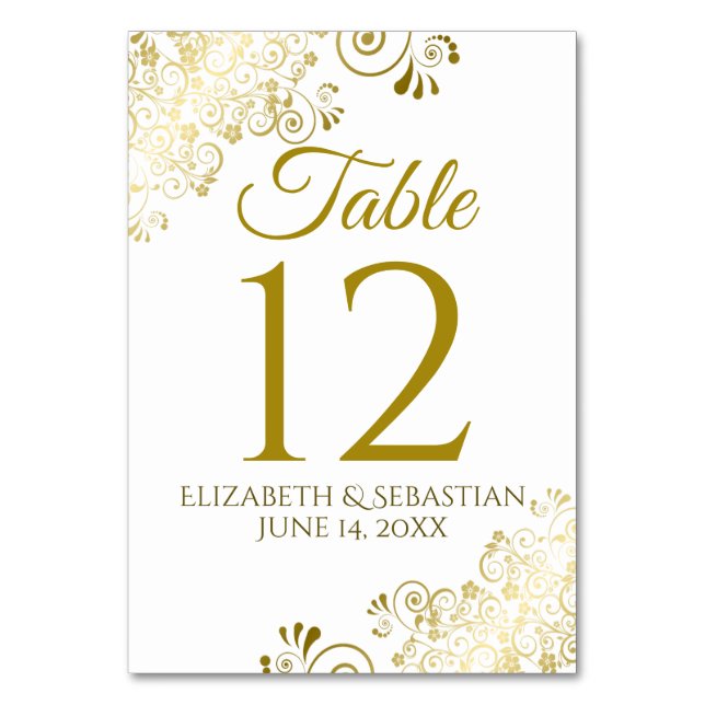 Gold and White Elegant Filigree Wedding Table Number (Front)