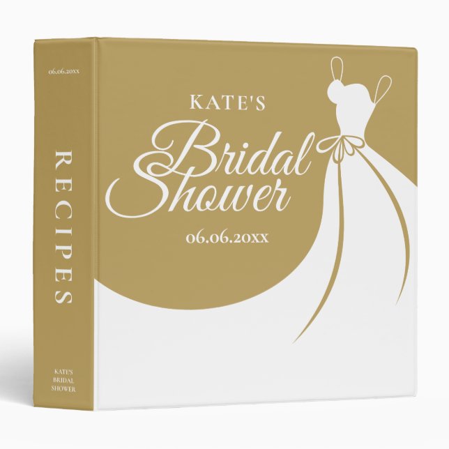 Gold and White Elegant Gown Bridal Shower Recipe Binder (Front/Spine)