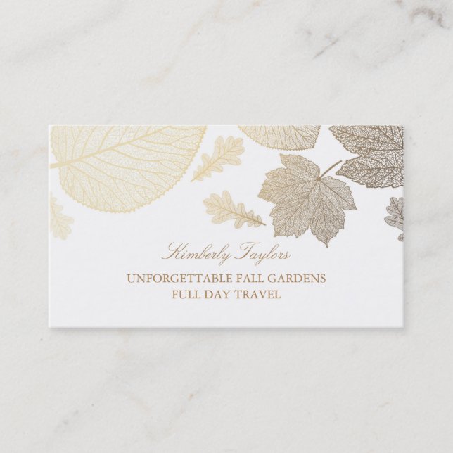 Gold and White Fall Leaves Elegant Business Card (Front)
