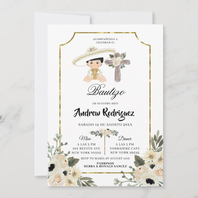 Gold and White Floral Boy Bautizo Invitacion Invitation (Front)