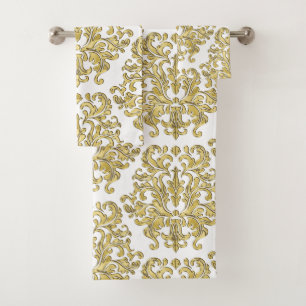 Gold and White Floral Damask Print Towel Set