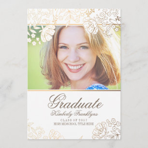Gold and White Floral Graduation Invitation
