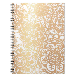 Gold and White Floral Mandala Pattern Notebook