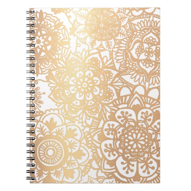 Gold and White Floral Mandala Pattern Notebook (Front)