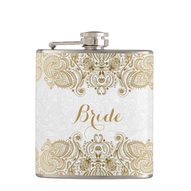 Gold And White Floral Paisley Lace Hip Flask (Front)