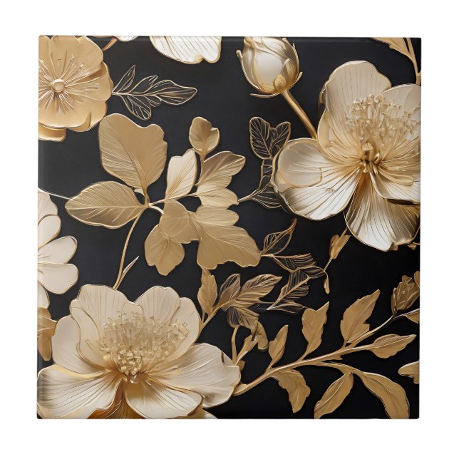 Gold And White Floral Pattern On Black Tile (Front)