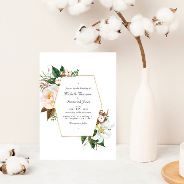 Gold and White Floral QR Code RSVP Wedding Invitation (Creator Uploaded)