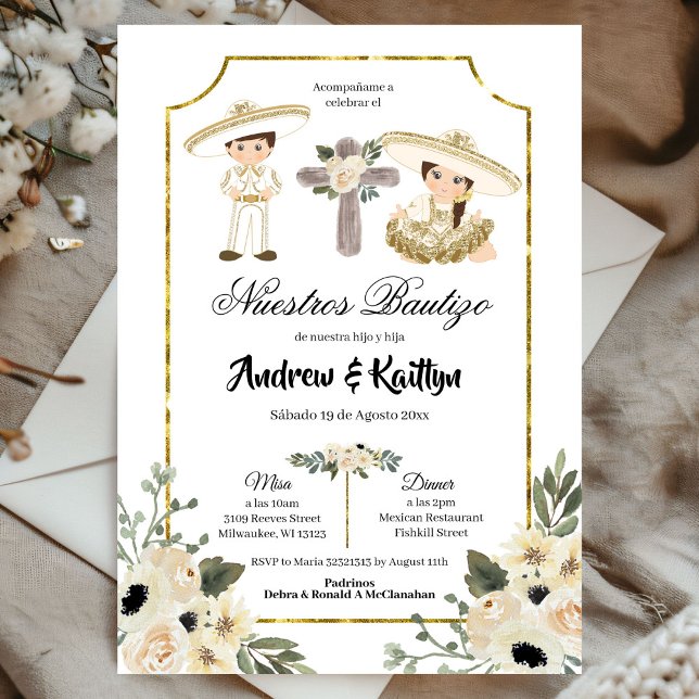 Gold and White Floral Sibling Boy and Girl Bautizo Invitation (Creator Uploaded)