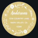 Gold and White Floral Wreath Return Address Classic Round Sticker<br><div class="desc">This customizable sticker featuring simple typography,  modern calligraphy and a rustic floral wreath.</div>