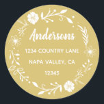 Gold and White Floral Wreath Return Address Classic Round Sticker<br><div class="desc">This customizable sticker featuring simple typography,  modern calligraphy and a rustic floral wreath.</div>