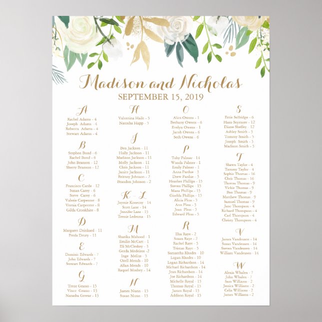 Gold and White Flower Alphabetical Seating Chart (Front)