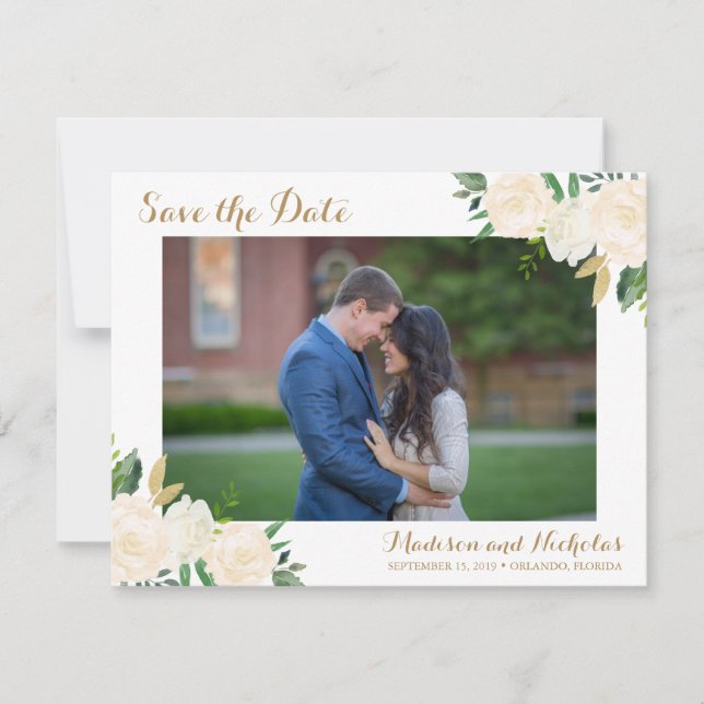 Gold and White Flower Photo Save the Date Cards (Front)