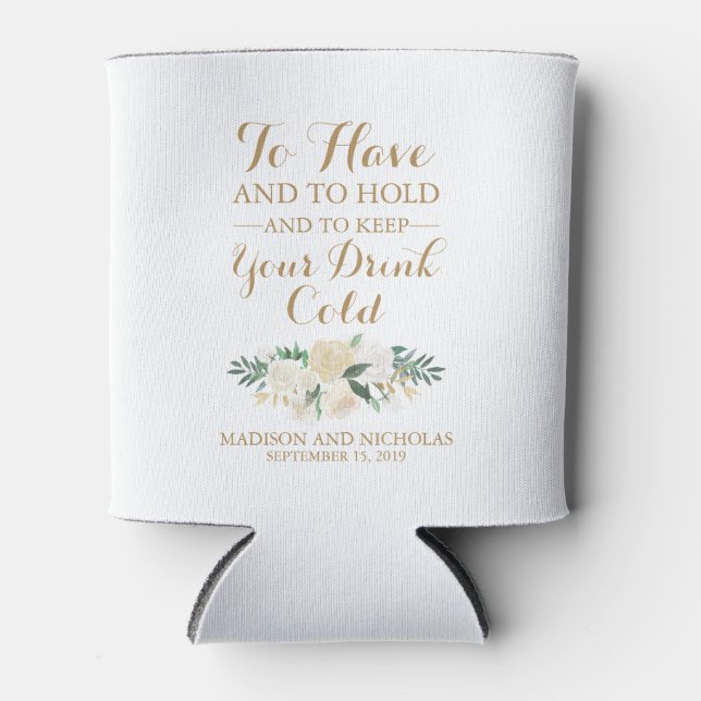 Gold and White Flower Wedding Can Coolers (Front)