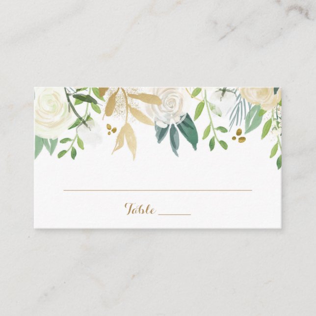 Gold and White Flower Wedding Flat Place Card (Front)