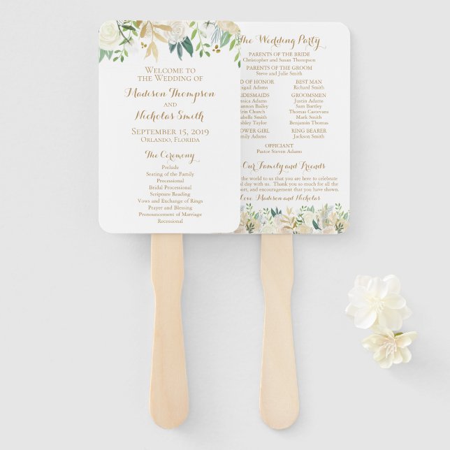 Gold and White Flower Wedding Program Fans (Front and Back)