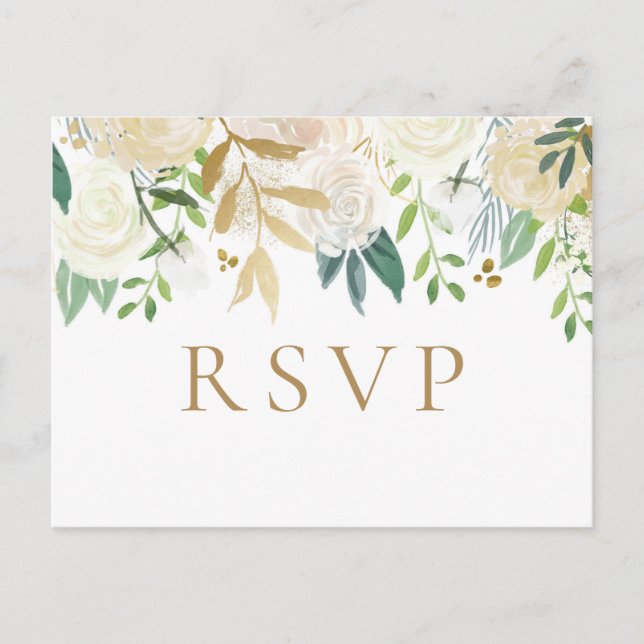 Gold and White Flower Wedding RSVP Postcards (Front)