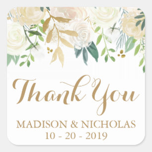 Gold and White Flower Wedding Square Stickers
