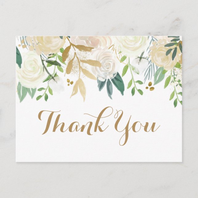 Gold and White Flower Wedding Thank You Postcards (Front)