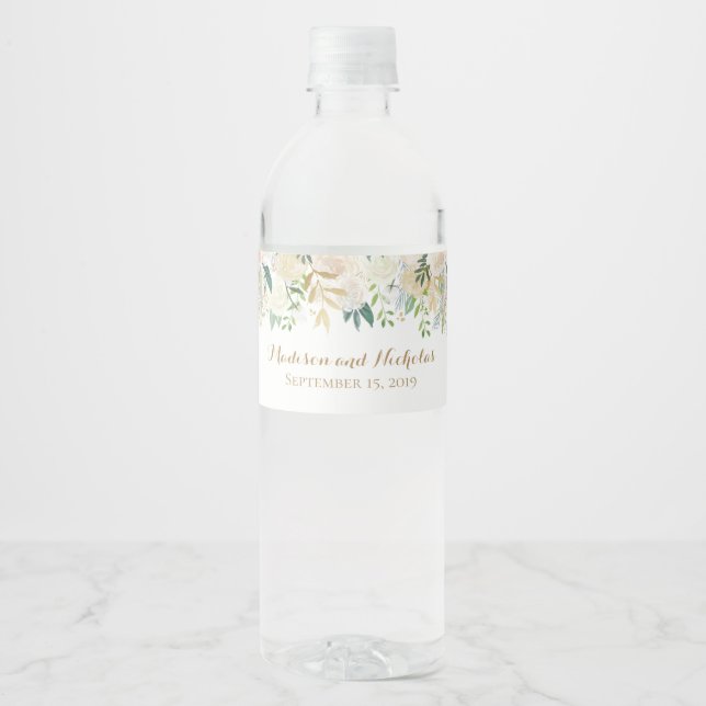 Gold and White Flower Wedding Water Bottle Labels (Front)