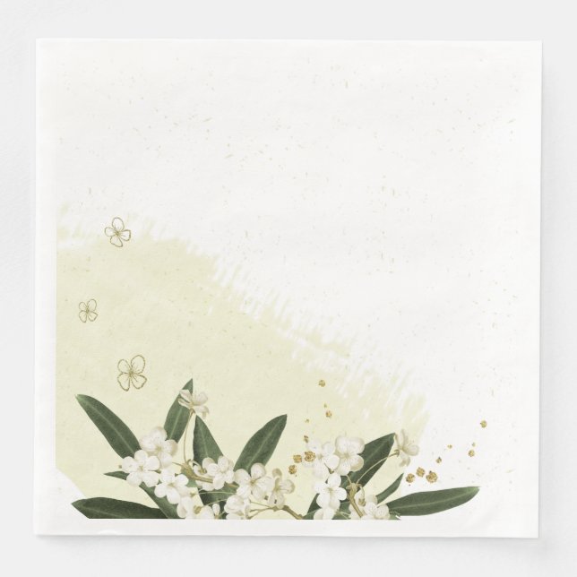 gold and white flowers green leaves wedding napkin (Front)